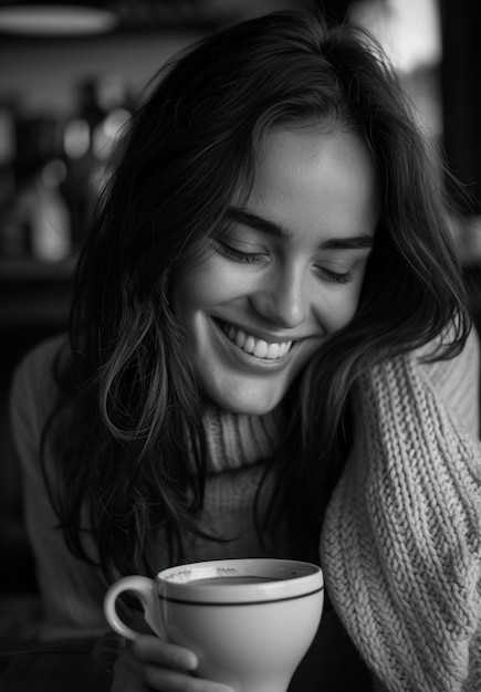 Monochrome portrait of woman drinking tea from ccup