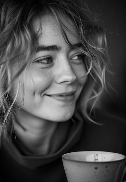 Free Photo monochrome portrait of woman drinking tea from ccup