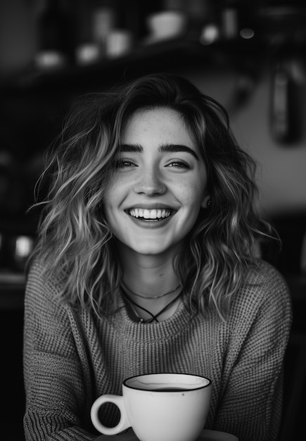 Monochrome portrait of woman drinking tea from ccup