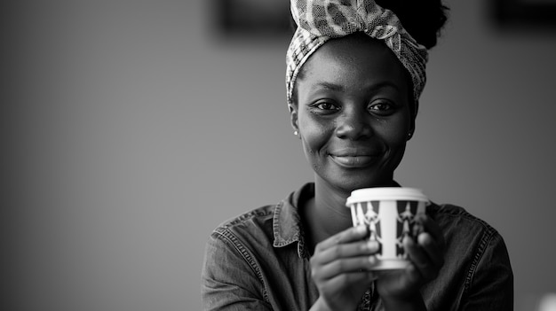 Monochrome portrait of woman drinking tea from ccup