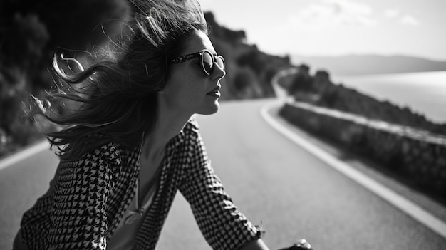 Free Photo monochrome portrait of woman riding bicycle