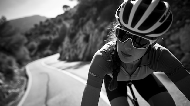 Free photo monochrome portrait of woman riding bicycle