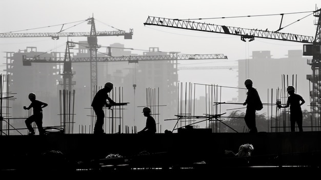 Monochrome scene depicting life of workers on a construction industry site