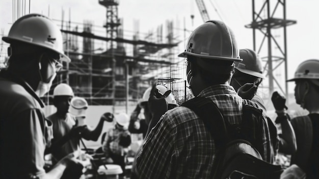 Monochrome scene depicting life of workers on a construction industry site