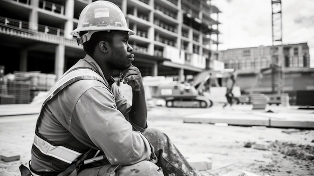 Monochrome scene depicting life of workers on a construction industry site