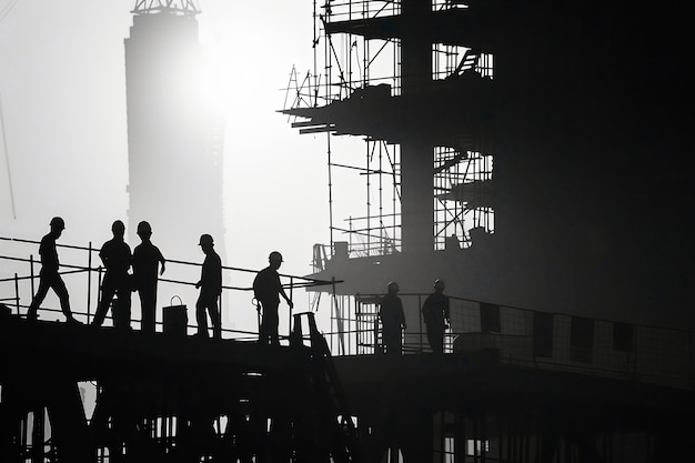 Monochrome scene depicting life of workers on a construction industry site