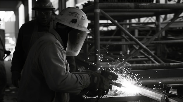 Free photo monochrome scene depicting life of workers on a construction industry site