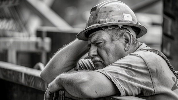 Monochrome scene depicting life of workers on a construction industry site