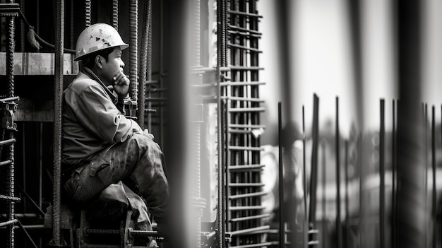 Monochrome scene depicting life of workers on a construction industry site