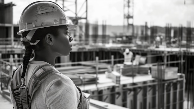 Monochrome scene depicting life of workers on a construction industry site