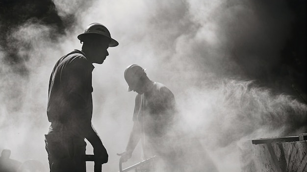 Monochrome scene depicting life of workers on a construction industry site