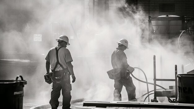 Monochrome scene depicting life of workers on a construction industry site