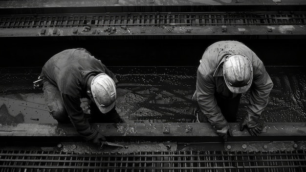 Monochrome scene depicting life of workers on a construction industry site