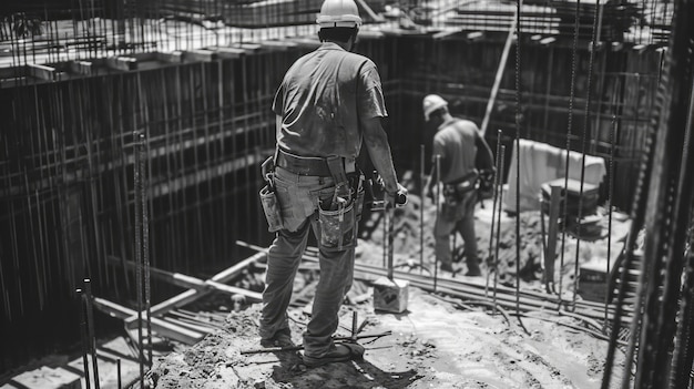 Monochrome scene depicting life of workers on a construction industry site