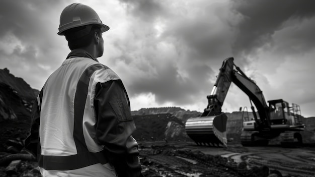 Monochrome scene depicting life of workers on a construction industry site