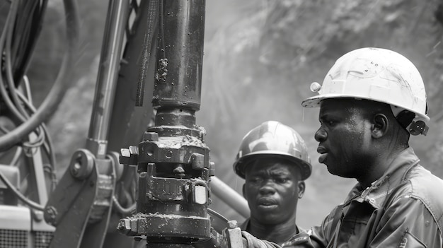 Monochrome scene depicting life of workers on a construction industry site