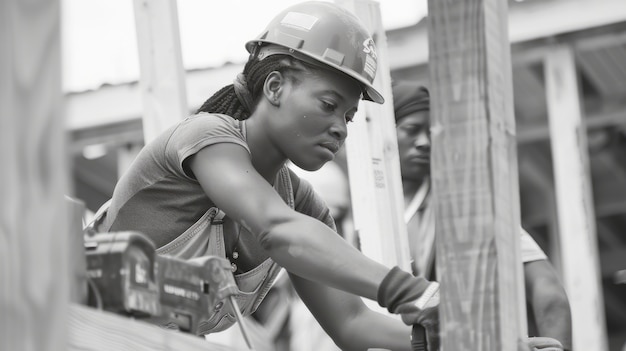 Monochrome scene depicting life of workers on a construction industry site