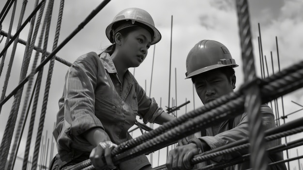 Free photo monochrome scene depicting life of workers on a construction industry site