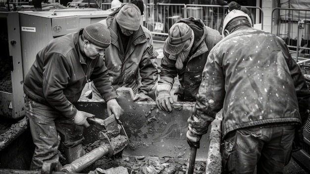 Free photo monochrome scene depicting life of workers on a construction industry site