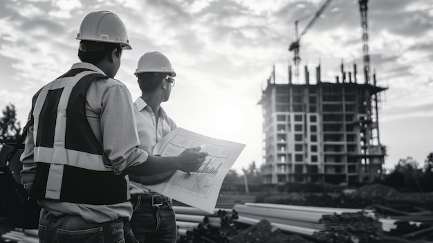 Free photo monochrome scene depicting life of workers on a construction industry site