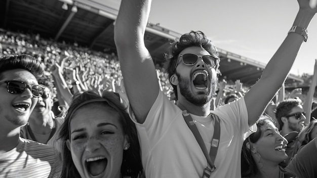 Monochrome soccer fans cheering