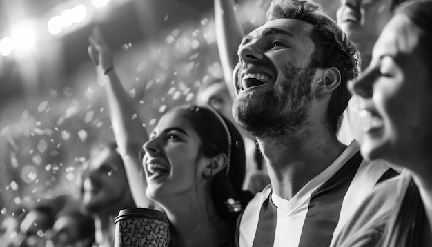 Monochrome soccer fans cheering