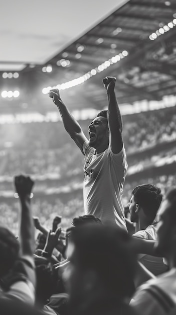 Monochrome soccer fans cheering