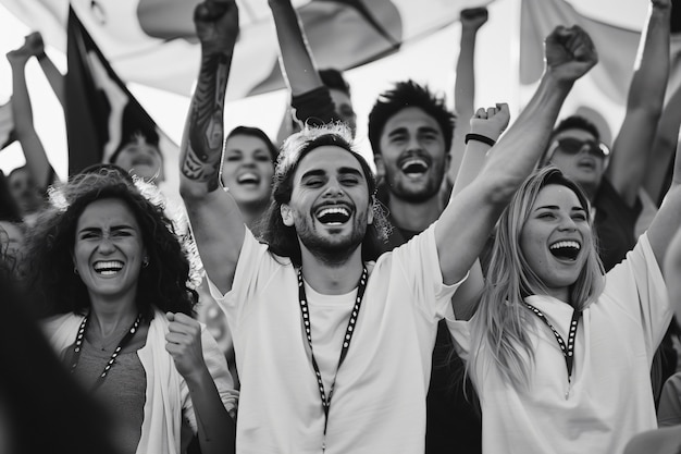 Monochrome soccer fans cheering