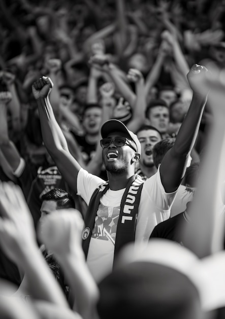 Free photo monochrome soccer fans cheering