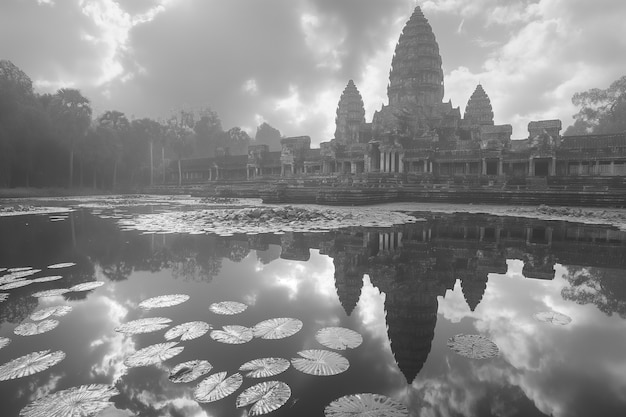 Free photo monochrome view of angkor wat for world heritage day