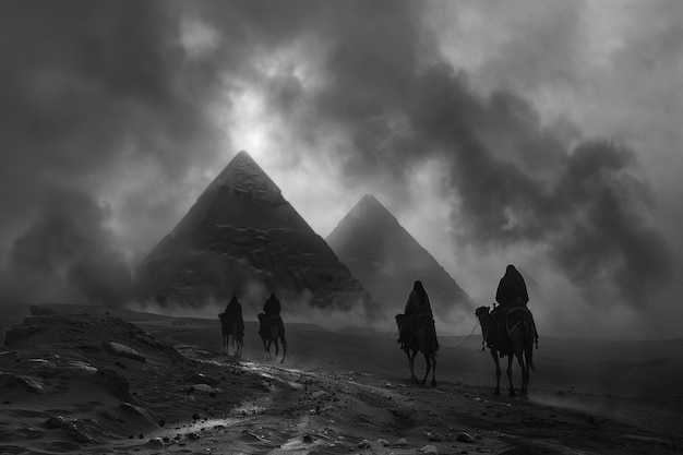 Free photo monochrome view of giza pyramids for world heritage day