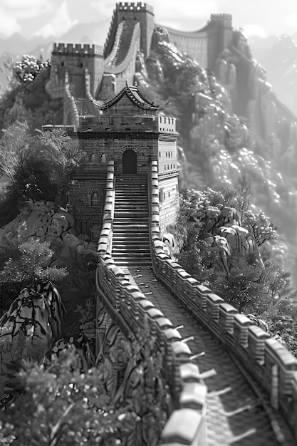 Monochrome view of the historic great wall of china