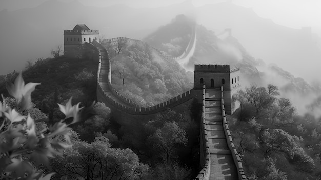 Monochrome view of the historic great wall of china