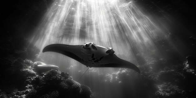 Monochrome view of manta ray animal underwater