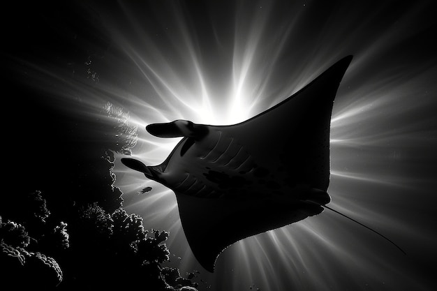 Monochrome view of manta ray animal underwater