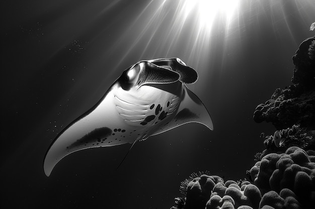 Monochrome view of manta ray animal underwater