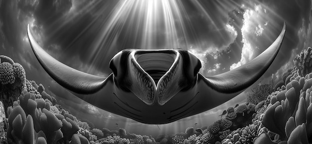 Monochrome view of manta ray animal underwater