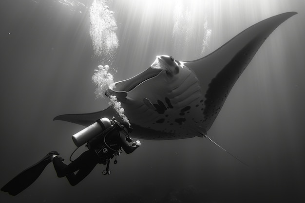 Free Photo monochrome view of manta ray animal underwater