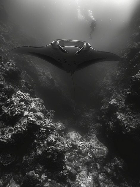 Free photo monochrome view of manta ray animal underwater