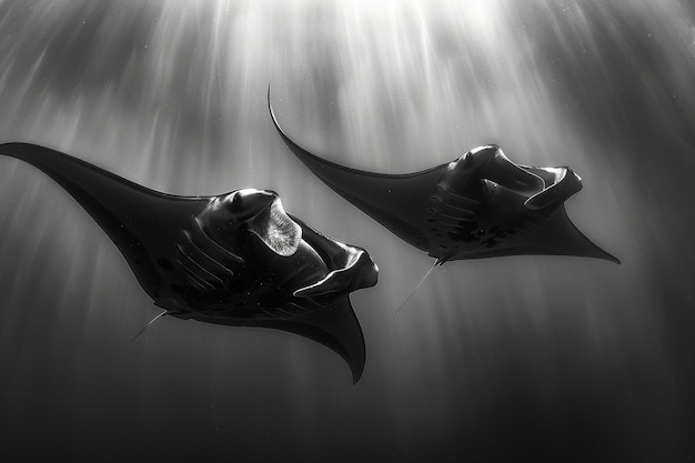 Monochrome view of manta ray animal underwater