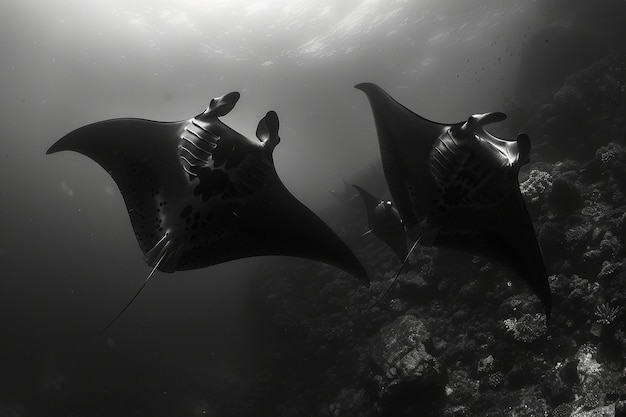 Monochrome view of manta ray animal underwater