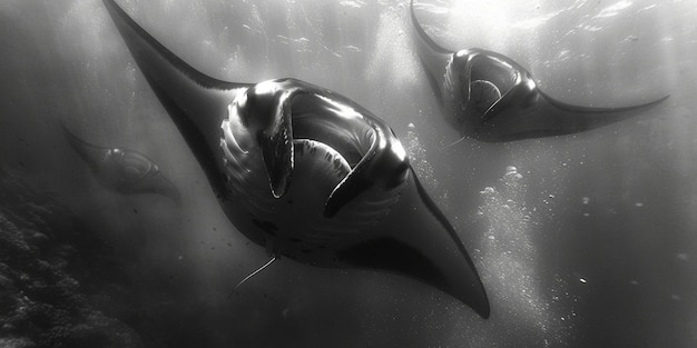 Monochrome view of manta ray animal underwater