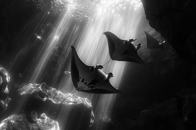 Monochrome view of manta ray animal underwater