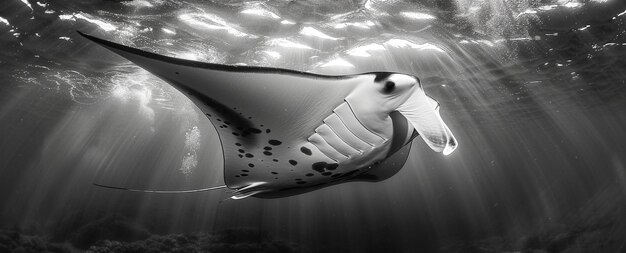 Monochrome view of manta ray animal underwater