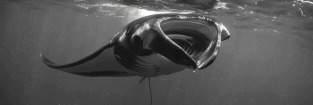 Monochrome view of manta ray animal underwater