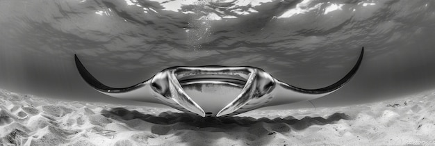 Monochrome view of manta ray animal underwater