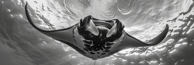 Monochrome view of manta ray animal underwater