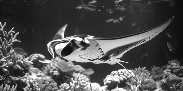 Monochrome view of manta ray animal underwater