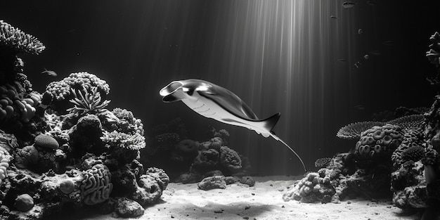 Monochrome view of manta ray animal underwater