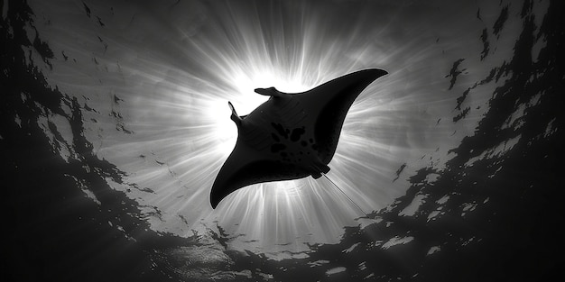 Monochrome view of manta ray animal underwater